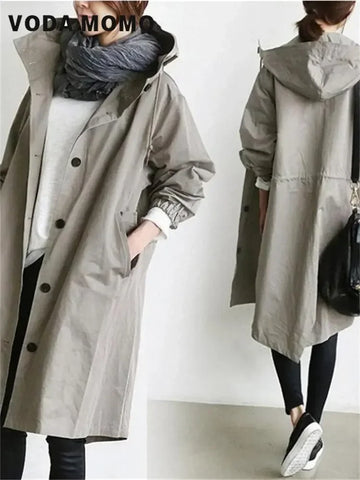 2023 Spring Autumn Casual Korean Fashion Hooded Medium Long Overcoat Loose Windproof Coat Women Trench Coat Solid Color Pocket