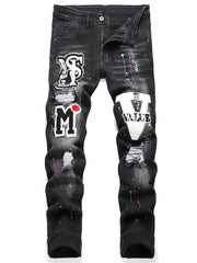 Men y2k Stretchy Denim jeans Ripped Skinny Letter Print elastic waist Casual pants for men Hole Slim Fit Denim Hip Hop Trousers