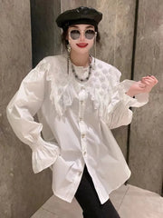 2024 Spring New Exquisite Beaded Lace Hollow-out Long White Black Oversized Shirts Blouses Women Lantern Long Sleeve Tops Blusas