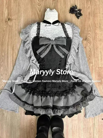 Autumn Winter Sweet Lolita 3 Piece Set Women Lace Up Knitted Cardigan+ Sexy Slim Strapless Vest Tops+ High Waist Ruched Skirts