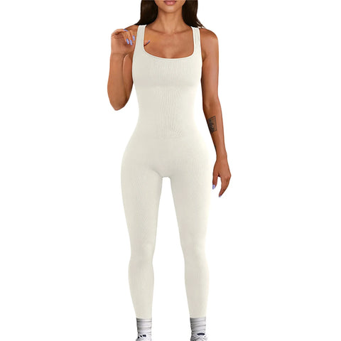 Women Black Full Length Jumpsuit Bodycon Workout Seamless Jumpsuits Yoga Ribbed  Tank Tops Rompers Sleeveless Exercise Overalls