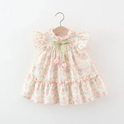 Summer Hardwear Girl Dress Tulip Cartoon Rabbit Print Small Flying Sleeves Flower Neck Bow Ribbon Tulip Flower Pattern