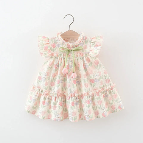 Summer Hardwear Girl Dress Tulip Cartoon Rabbit Print Small Flying Sleeves Flower Neck Bow Ribbon Tulip Flower Pattern