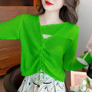 Fashion Asymmetrical Shirring Lace Up Bow Blouse Women Clothing 2023 Spring Summer Oversized Casual Pullovers Hollow Out Shirt