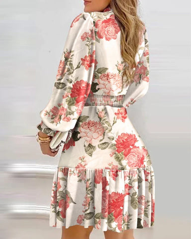 Autumn Women Floral Print Shirred Ruffle Dress 2022 Femme Casual Lantern Sleeve Robe Office Lady Dress Outfits Traf Vestid