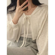 Deeptown Lace Up White Cardigan V Neck Knitwear Lantern Sleeve Women's Sweater Korean Fashion Spring Knit Oversize Wear To Work