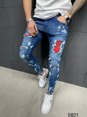 Biker Jeans Men's Distressed Stretch Ripped Biker Jeans Men Hip Hop Slim Fit Holes Punk Jeans Zipper Pure Color Denim Pants