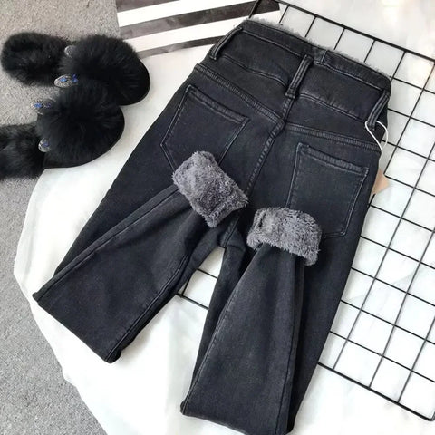 Front Pocket Jeans for Women 2 Buttons High Waisted Plush  thicken Jeans women Korean Fashion Streetwear Denim Pants women