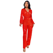 Spring And Summer Women's Clothing New Design Sense Deep V Fashion Casual Onesie Long Sleeve Belt Sequined Jumpsuit Temperament