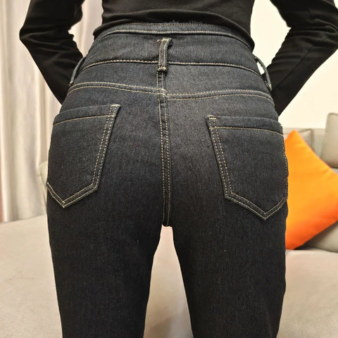 Front Pocket Jeans for Women 2 Buttons High Waisted Plush  thicken Jeans women Korean Fashion Streetwear Denim Pants women