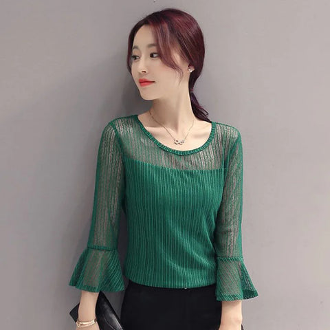 Elegant O-Neck Gauze Hollow Out Lace Flare Sleeve Blouse Women's Clothing 2023 Summer New Oversized Casual Pullovers Sweet Shirt