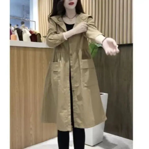 Solid Color Shirt Hooded Trench Coat Medium Long New Korean Version Fashionable Loose and Stylish Versatile Thin Jacket Women