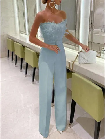 Jumpsuit Women Elegant Long Jumpsuit Strapless Slash Neck Feather Tube Top Sexy Fashion Party Night Evening Jumpsuit 2021 Summer