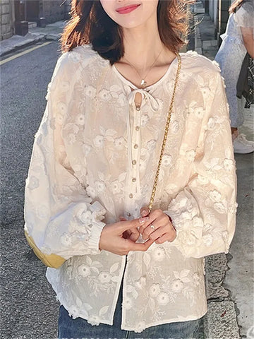 Embroidery White Shirt For Women 2023 Autumn New Elegant Chic Long Sleeve Oversized Blouses Office Ladies Button Up Casual Tops