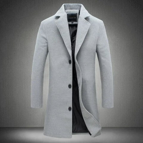 Men Long Cotton Coat 2024 Autumn Winter Wool Blend Pure Color Business Casual Slim Fit Windbreaker Jacket Fashion Men Clothing