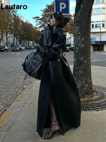 Lautaro Spring Autumn Extra Long Black Pu Leather Trench Coat for Women with Back High Slit Luxury Chic European Fashion 2024