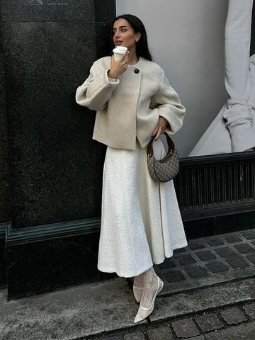 Elegant Solid Wool Blends Round Neck Cardigan Coats 2024 Autumn Long Sleeve Single Button Jacket Female Warm High Street Outwear