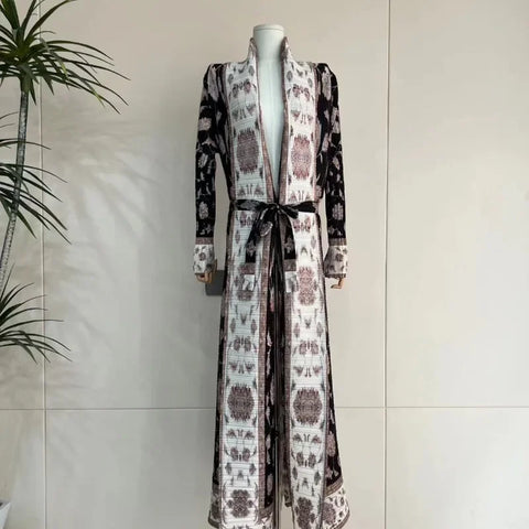 GGHK Pleated 2024 Spring and Autumn New Women Large Size Trench Dress Retro Printed Cardigan Design Female Luxury Abaya