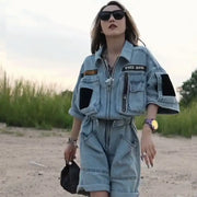 Zippers Denim Jumpsuit Motorcycle Cool  American Retro Women  Letters Jeans Chic Hottie Playsuits Wide Legs Shorts Rompers