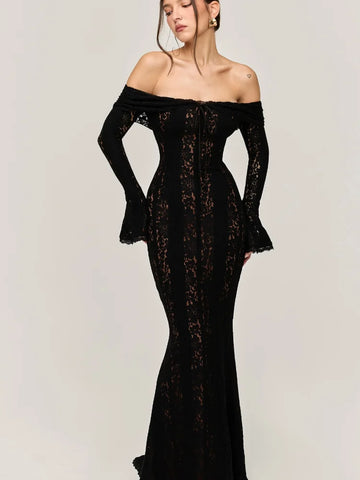 Elegant One Shoulder Lace Up Hollow Women's Dress Slim Fit See-through Long Sleeved Backless Robe 2024 Summer Lady Evening Gowns