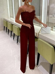 Jumpsuit Women Elegant Long Jumpsuit Strapless Slash Neck Feather Tube Top Sexy Fashion Party Night Evening Jumpsuit 2021 Summer