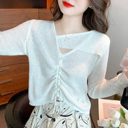 Fashion Asymmetrical Shirring Lace Up Bow Blouse Women Clothing 2023 Spring Summer Oversized Casual Pullovers Hollow Out Shirt