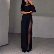 Women One Shoulder Sleeve High Split Overall Pants Jumpsuit High Waist Solid Color Full Length Pants