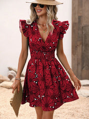 Chic Flower Print Vest A-Line Dress Women Summer V-Neck Mini Skirt Elegant Vacation Dresses