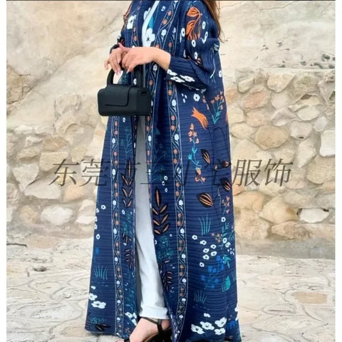 GGHK Pleated 2024 Spring and Autumn New Women Large Size Trench Dress Retro Printed Cardigan Design Female Luxury Abaya