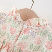 Summer Hardwear Girl Dress Tulip Cartoon Rabbit Print Small Flying Sleeves Flower Neck Bow Ribbon Tulip Flower Pattern