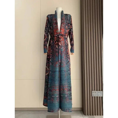 GGHK Pleated 2024 Spring and Autumn New Women Large Size Trench Dress Retro Printed Cardigan Design Female Luxury Abaya