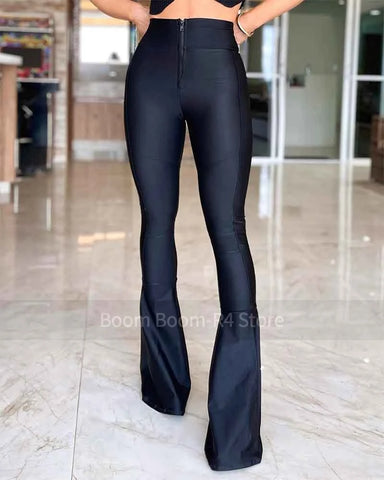 Zipper flared tights Fashion Black PU Leather Pants Women Mid Waist Skinny Push Up Leggings High Elasticity Pants Flared Trouser