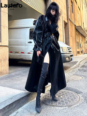 Lautaro Spring Autumn Extra Long Oversized Cool Reflective Shiny Black Patent Leather Trench Coat for Women Belt Runway Fashion