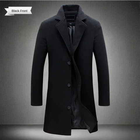 Men Long Cotton Coat 2024 Autumn Winter Wool Blend Pure Color Business Casual Slim Fit Windbreaker Jacket Fashion Men Clothing