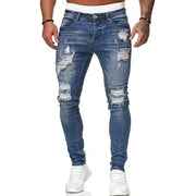 Biker Jeans Men's Distressed Stretch Ripped Biker Jeans Men Hip Hop Slim Fit Holes Punk Jeans Zipper Pure Color Denim Pants