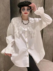 2024 Spring New Exquisite Beaded Lace Hollow-out Long White Black Oversized Shirts Blouses Women Lantern Long Sleeve Tops Blusas