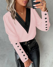 Elegant Women's Shirt Autumn 2025 New Fashion V-neck Pullover Solid Color Contrasting Loose Long Sleeved Button Women's Shirt