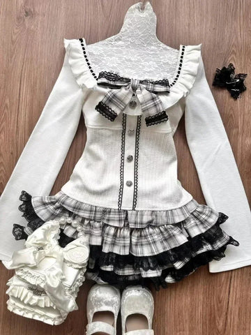 Autumn Winter Sweet Lolita 3 Piece Set Women Lace Up Knitted Cardigan+ Sexy Slim Strapless Vest Tops+ High Waist Ruched Skirts