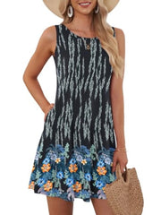 Summer Women's Sleeveless Plus Size 5XL Women's Long Skirt Boho Round Geometric Print Fashionable and Comfortable Tank Top Dress