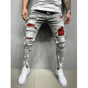 Biker Jeans Men's Distressed Stretch Ripped Biker Jeans Men Hip Hop Slim Fit Holes Punk Jeans Zipper Pure Color Denim Pants