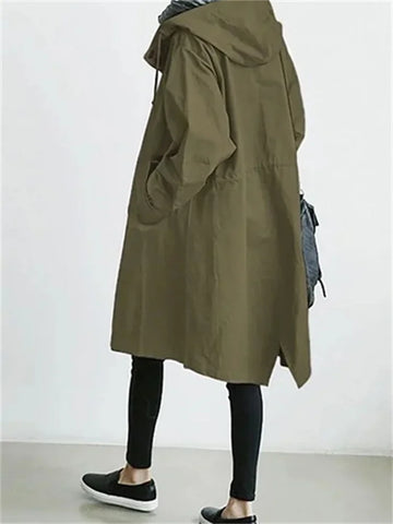 2023 Spring Autumn Casual Korean Fashion Hooded Medium Long Overcoat Loose Windproof Coat Women Trench Coat Solid Color Pocket