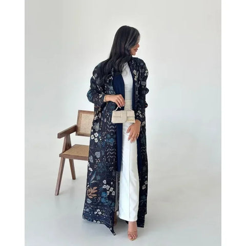 GGHK Pleated 2024 Spring and Autumn New Women Large Size Trench Dress Retro Printed Cardigan Design Female Luxury Abaya