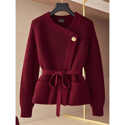 Red Fashion Knitted Cardigan Sweater Small Fragrant Women Spring Autumn Coat Top Temperament Belt Knitwear Femal 2025 NEW