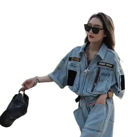 Zippers Denim Jumpsuit Motorcycle Cool  American Retro Women  Letters Jeans Chic Hottie Playsuits Wide Legs Shorts Rompers