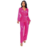 Spring And Summer Women's Clothing New Design Sense Deep V Fashion Casual Onesie Long Sleeve Belt Sequined Jumpsuit Temperament