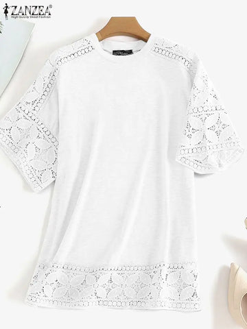 ZANZEA Bohemian Summer Blouses 2023 Casual Loose Tops Women Half Sleeve Blusas Female Hollow Out Solid Tunic Oversized Chemise