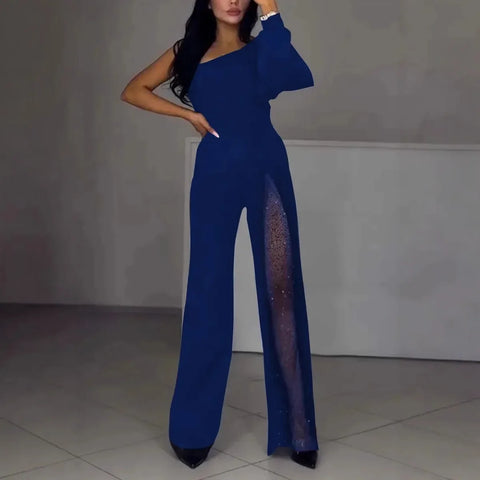 Women One Shoulder Sleeve High Split Overall Pants Jumpsuit High Waist Solid Color Full Length Pants