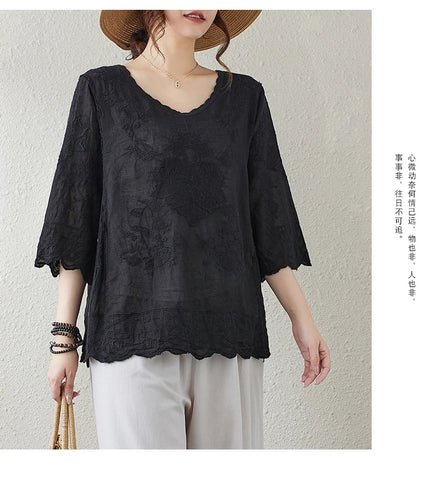 Oversized Summer Pullover T-Shirts Tops Women Floral Embroidery Mesh Fashion Hollow Out Ladies Blouses Loose Casual Woman Tops