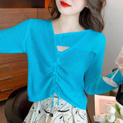 Fashion Asymmetrical Shirring Lace Up Bow Blouse Women Clothing 2023 Spring Summer Oversized Casual Pullovers Hollow Out Shirt