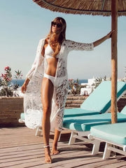 Fitshinling Bohemian White Beach Cover-Up Swimwear Sarong Embroidery Lace Kimono Sexy Transparent Long Cardigan Saida de Praia